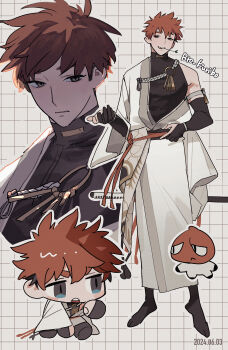 Rule 34 | 1boy, 50-nin craft, :&lt;, absurdres, adjusting clothes, aiguillette, arm strap, backlighting, black gloves, black sash, black shirt, black socks, bracelet, bro kuribo, character name, chibi, chibi inset, closed mouth, covered pectorals, dated, elbow gloves, eye contact, full body, gloves, grey eyes, grid background, hadanugi dousa, highres, japanese clothes, jewelry, katana, kimono, long sleeves, looking at another, looking at viewer, looking to the side, male focus, minecraft youtube, mouth hold, multiple views, namegata, no shoes, obi, open kimono, outline, parted lips, partially fingerless gloves, pectorals, projected inset, red hair, sash, scabbard, sheath, sheathed, shirt, short bangs, short hair, single bare shoulder, socks, spiked hair, stalk in mouth, standing, sword, teeth, thick eyebrows, tight clothes, tight shirt, turtleneck, turtleneck shirt, undershirt, very short hair, weapon, white background, white kimono, white outline