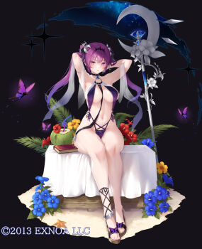 1girl armlet armpits arms_behind_head arms_up bare_arms bare_legs bare_shoulders between_breasts bikini black_choker book breasts brooch bug butterfly character_request choker cleavage coconut crescent crescent_hair_ornament flower hair_ornament hairband hibiscus highleg highleg_bikini highres insect jewelry large_breasts long_hair looking_at_viewer nanahara_fuyuki navel official_art parted_lips purple_bikini purple_eyes purple_flower purple_hair sandals sennen_sensou_aigis shawl side-tie_bikini_bottom sitting solo staff stomach string_bikini swimsuit thighs twintails watermark