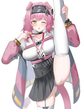 1girl ;d absurdres animal_ears arknights black_hairband black_skirt blush breasts cat_ears cat_girl cat_tail commentary_request feet_out_of_frame garter_straps gluteal_fold goldenglow_(arknights) hairband highres jacket leg_up lightning_bolt_print long_hair long_sleeves looking_at_viewer medium_breasts off_shoulder one_eye_closed open_clothes open_jacket open_mouth orange_eyes panties pink_hair pink_jacket pleated_skirt print_hairband puffy_long_sleeves puffy_sleeves shirt simple_background skindentation skirt smile solo spam_(spamham4506) split standing standing_on_one_leg standing_split sweat tail underwear white_background white_panties white_shirt