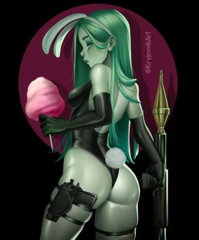 1girl animal_ears artist_name ass black_gloves black_leotard colored_skin cotton_candy elbow_gloves gloves green_hair green_skin gun highres holding holding_gun holding_weapon kryjovnikart leotard long_hair multiple_thigh_straps original playboy_bunny profile rabbit_ears rabbit_tail standing strapless strapless_leotard tail thigh_strap weapon
