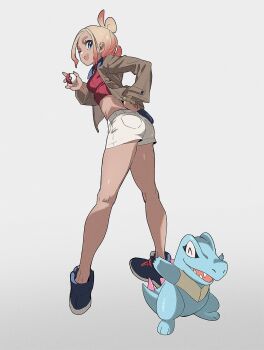 1girl blonde_hair blue_eyes breasts brown_jacket crop_top daniel_deng gen_2_pokemon gradient_hair hair_bun highres jacket long_sleeves looking_at_viewer multicolored_hair nintendo open_clothes open_jacket open_mouth pink_hair pokemon pokemon_(creature) pokemon_legends:_z-a red_eyes red_shirt shirt shorts smile solo taunie_(pokemon) teeth totodile turtleneck upper_teeth_only