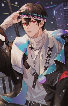 Rule 34 | 1boy, absurdres, adjusting clothes, adjusting headwear, ayn alwyn, ayn alwyn (corridor of fate), badge, belt, black belt, black hair, black jacket, blue jacket, building, button badge, chain, chain necklace, chinese commentary, closed mouth, commentary request, csw-, hair between eyes, headband, highres, jacket, jewelry, lips, long sleeves, looking at viewer, lovebrush chronicles, male focus, necklace, night, open clothes, open jacket, outdoors, railing, red eyes, scarf, short hair, shoulder belt, sideways glance, sleeves past wrists, snowing, solo, sweater, triangle necklace, turtleneck, turtleneck sweater, two-sided fabric, two-sided jacket, upper body, v-shaped eyebrows, white scarf, white sweater