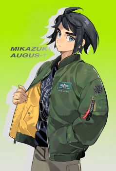 1boy absurdres black_hair black_shirt blue_eyes bomber_jacket brown_pants character_name closed_mouth cowboy_shot drop_shadow expressionless gradient_background green_jacket gundam gundam_tekketsu_no_orphans hand_in_pocket highres jacket male_focus mikazuki_augus multicolored_jacket open_clothes open_jacket pants shirt short_hair solo standing sumooo_(ga_ilil) two-sided_fabric two-sided_jacket two-tone_jacket yellow_jacket