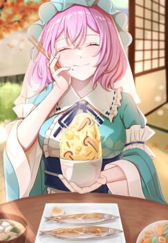 Rule 34 | 1girl, blue kimono, blue ribbon, blush, breasts, chabudai, chopsticks, closed eyes, closed mouth, commentary request, facing viewer, fish (food), food, food on face, food request, frilled kimono, frills, glutton, hand on own face, hat, highres, holding, holding chopsticks, japanese clothes, kimono, long hair, long sleeves, luuu u u, miso soup, mob cap, mushroom slice, neck ribbon, petal print, pink hair, print kimono, ribbon, rice, saigyouji yuyuko, sleeve garter, smile, solo, table, touhou, triangular headpiece, wide sleeves
