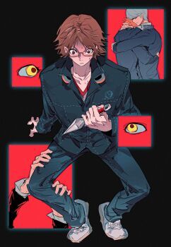 26duuuu 2boys black_background black_jacket black_pants brown_eyes brown_hair closed_mouth full_body glasses grey_hair hanamura_yousuke hands_on_another&#039;s_leg headphones headphones_around_neck highres holding holding_kunai holding_weapon hug invisible_chair jacket kunai long_sleeves male_focus multiple_boys multiple_views narukami_yu pants persona persona_4 school_uniform short_hair sitting weapon yasogami_school_uniform yellow_eyes