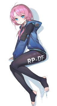 1girl absurdres arknights blue_eyes blue_jacket blue_poison_(arknights) blush braid cool_est drop_shadow english_text from_side full_body furrowed_brow highres hood hood_down hooded_jacket jacket leggings leggings_under_shorts liquid looking_at_viewer low_twintails pants_under_shorts parted_lips pink_hair sitting stirrup_legwear toeless_legwear twin_braids twintails yokozuwari