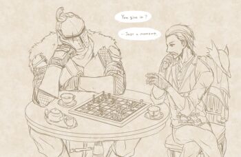 2boys armor bearer_of_the_curse bloodborne board_game bridal_gauntlets chainmail chair chess chess_piece chessboard closed_mouth coat commentary_request crossover cup dark_souls_(series) dark_souls_ii english_text feet_out_of_frame fur_collar gloves greyscale hat helm helmet hunter_(bloodborne) looking_at_another male_focus monochrome multiple_boys playing_games shirt short_hair suou_yuuchi table teacup teapot unworn_hat unworn_headwear
