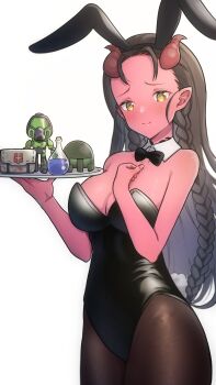 1girl animal_ears bare_shoulders black_bow black_bowtie black_choker black_hair black_pantyhose black_suit blush bow bowtie braid breasts character_doll choker colored_skin dahlia_(day_of_wrath) day_of_wrath_(infinitypilot) demon demon_girl demon_horns doll doom_(series) doom_eternal doomguy embarrassed fanfic fantasy figure first_aid_kit formal_clothes helmet highres holding holding_plate horns kwrrrrrr large_breasts light_blush light_smile long_hair looking_at_viewer maid model monster_girl neck_tattoo nymph original pantyhose plate playboy_bunny pointy_ears potion rabbit_ears rabbit_tail raised_eyebrows red_skin ringed_eyes shy slave_tattoo smile solo suit tail tattoo tiefling toy tray waitress yellow_eyes