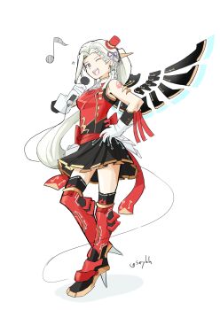 1girl ;d absurdres alternate_costume alternate_hairstyle armpits artist_name ascot bare_arms boots bow braid breasts crest crest_of_seiros edelgard_von_hresvelg fire_emblem fire_emblem:_three_houses gloves grey_hair hair_ribbon hand_on_own_hip hat high_heel_boots high_heels highres idol long_hair looking_at_viewer medium_breasts microphone mini_hat mini_top_hat musical_note nintendo one_eye_closed open_mouth parted_bangs pleated_skirt ponytail purple_eyes ribbon saiykik shadow shirt signature simple_background skirt sleeveless sleeveless_shirt smile sparkle standing standing_on_one_leg tattoo thighs top_hat white_background white_gloves wings