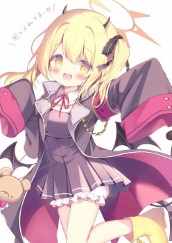 1girl azumi_kazuki blonde_hair bloomers blue_archive blush boots coat commentary_request demon_horns demon_wings dress halo highres horns ibuki_(blue_archive) low_wings neck_ribbon open_mouth ribbon shirt simple_background sleeveless sleeveless_dress sleeves_past_fingers sleeves_past_wrists smile solo translation_request underwear white_background white_bloomers wings yellow_eyes yellow_halo