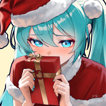 1girl absurdres blue_eyes blue_hair blush box christmas commentary english_commentary gift gift_box hat hatsune_miku highres long_hair santa_costume santa_hat solo twintails very_long_hair vocaloid wuhe2233pz