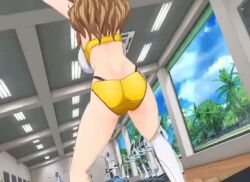 1girl 3d animated ass ayato_utae bikini black_bikini bouncing_breasts breasts cleavage dolphin_wave elbow_gloves exercising fingerless_gloves bad_tag gloves huge_breasts layered_bikini light_brown_hair looking_at_viewer lowres mirror mole mole_under_eye multicolored_bikini navel open_mouth sound squatting swimsuit tagme two-tone_bikini video yellow_bikini yellow_eyes