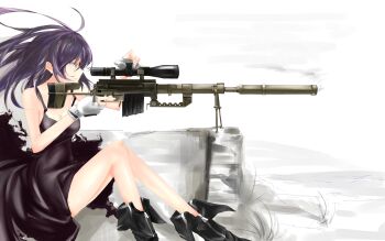 1girl absurdres bipod bolt_action breasts cheytac_m200 cleavage collarbone female_focus fingerless_gloves gloves gun highres long_hair marksman medium_breasts original profile purple_hair rifle saberiii scope shiny_skin sitting sleeveless smoke smoking_barrel sniper sniper_rifle solo suppressor torn_clothes trigger_discipline weapon yellow_eyes