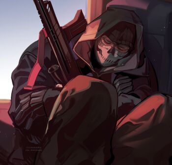 1boy absurdres balaclava black_gloves black_jacket black_pants call_of_duty call_of_duty:_modern_warfare_2 closed_eyes commentary crossed_arms english_commentary ghost_(modern_warfare_2) gloves grey_jacket gun highres holding holding_gun holding_weapon hood hood_up hooded_jacket jacket male_focus oliversonder pants sitting solo weapon