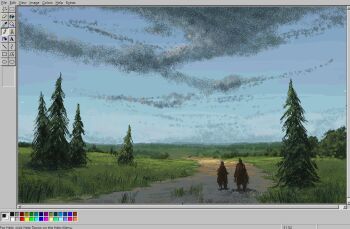 2others christian_young cloak day dirt_road from_behind full_body grass landscape microsoft_paint_(medium) microsoft_paint_(software) microsoft_windows mountainous_horizon multiple_others outdoors path red_cloak road scenery tree walking windows_98 windows_classic