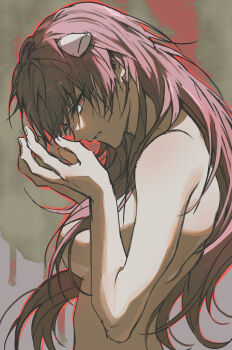1girl absurdres angry breasts elfen_lied hair_censor hashtag-only_commentary highres horns large_breasts long_hair looking_at_viewer lucy_(elfen_lied) memebme nude parted_lips pink_hair red_eyes solo upper_body very_long_hair