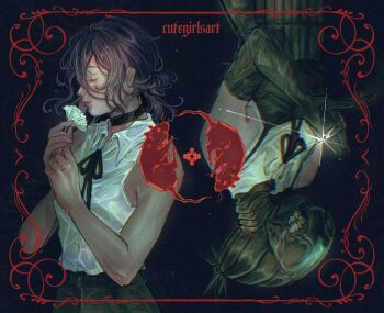 1girl apron black_apron black_choker black_hair black_ribbon bomb_devil_(chainsaw_man) chainsaw_man choker closed_eyes closed_mouth collared_shirt cutegirlsart flower highres holding holding_flower neck_ribbon object_head reze_(chainsaw_man) ribbon shirt shirt_tucked_in sleeveless sleeveless_shirt white_flower white_shirt