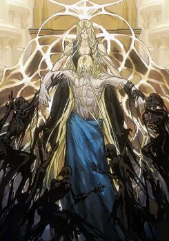 1boy 1girl :| abs alternate_hair_color armlet bare_arms bare_shoulders black_dress blonde_hair bonley braid circlet closed_mouth collarbone cracked_skin decay dress elden_ring elden_ring_(object) godwyn_the_golden gold_armlet gold_circlet gold_diadem hair_between_eyes hair_over_shoulder hands_on_another&#039;s_arm highres long_hair long_hair_between_eyes low_neckline mature_male muscular muscular_male navel pectorals queen queen_marika_the_eternal robe side_braid single_braid sitting skeleton topless_male very_long_hair