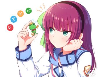 Rule 34 | 1girl, :/, angel beats!, black hairband, blue sailor collar, blunt bangs, blush, bow, clenched hand, closed mouth, commentary request, company connection, copyright name, emblem, eyes visible through hair, flying sweatdrops, frog, frown, green bow, green eyes, hair bow, hairband, hands up, kaginado, kanon, keropii, key, key (company), long hair, looking at object, nakamura hinato, nakamura yuri, purple hair, sailor collar, sailor shirt, school uniform, serafuku, shinda sekai sensen uniform, shirt, signature, simple background, solo, straight hair, tsurime, upper body, upturned eyes, v-shaped eyebrows, white background, white shirt