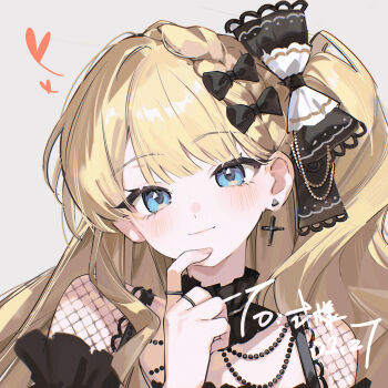 1girl black_bow black_dress blonde_hair blue_eyes bow braid closed_mouth commentary_request commission cross cross_earrings dated dress earrings hair_bow highres jewelry light_blush long_hair mahou_shoujo_no_majo_saiban matcha00 multiple_hair_bows one_side_up saeki_miria single_earring smile solo