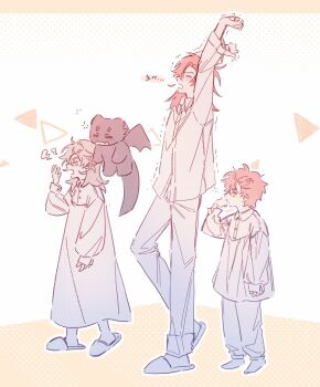 1girl 3boys aged_down blue_pajamas brothers brushing_teeth cale_henituse closed_eyes commentary_request full_body grs_o hong_(lout_of_count&#039;s_family) hospital_gown korean_commentary long_hair long_sleeves lout_of_count&#039;s_family male_focus multiple_boys nightgown ohn_(lout_of_count&#039;s_family) open_mouth pajamas pants pink_hair raon_miru red_hair shirt short_hair siblings sleepy slippers stretching waking_up yawning