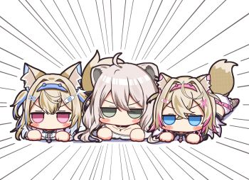 3girls ahoge animal_ears black_coat black_jacket blue_eyes blue_hair blush_stickers breasts coat commentary_request dog_ears dog_girl dog_tail dress fuwawa_abyssgard fuwawa_abyssgard_(1st_costume) grey_eyes grey_hair group_picture hairband highres hololive hololive_english jacket lion_ears lion_girl long_hair mococo_abyssgard mococo_abyssgard_(1st_costume) motion_lines multiple_girls pink_eyes pink_hair sabamiso_(tomomon021831) shishiro_botan short_hair shorts siblings simple_background sisters speed_lines spiked_hairband spikes tail twins two_side_up virtual_youtuber white_background white_dress white_shorts