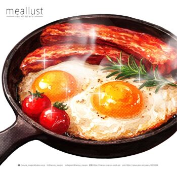 Rule 34 | artist name, cherry tomato, commentary, egg (food), food, food focus, fried egg, frying pan, haruna macpro, instagram username, meat, no humans, original, simple background, steaming food, untranslatable commentary, tomato, twitter username, watermark, web address, white background
