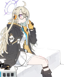 Rule 34 | 1girl, ahoge, black footwear, black gloves, black jacket, blonde hair, blue archive, blue necktie, blush, boots, braid, breasts, closed mouth, commentary request, devilmaguro, feet out of frame, from side, glasses, gloves, hair between eyes, hair ornament, hairclip, halo, hand up, headphones, highres, hood, hood down, hooded jacket, jacket, knee boots, kotama (blue archive), large breasts, long hair, long sleeves, looking at viewer, looking to the side, machine, multicolored clothes, multicolored jacket, necktie, open clothes, open jacket, orange gloves, orange jacket, pink pupils, pleated skirt, purple eyes, shirt, side braid, signature, simple background, sitting, sitting on stairs, skirt, solo, stairs, two-tone eyes, two-tone gloves, two-tone jacket, white background, white shirt