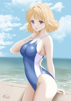1girl absurdres blonde_hair blue_one-piece_swimsuit breasts cleavage cloud cloudy_sky commentary_request cowboy_shot dated day elena_stoddart highres ocean one-piece_swimsuit outdoors purple_eyes sakurano_miki short_hair signature sky solo swimsuit triangle_mouth two-tone_one-piece_swimsuit white_one-piece_swimsuit ys ys_iii:_wanderers_from_ys