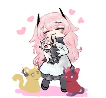 Rule 34 | 2boys, 2girls, :3, animalization, arknights, ascalon (arknights), blush stickers, cat, chemical mel, chibi, chibi only, closed eyes, commentary, demon boy, demon girl, demon horns, dress, highres, holding, holding mini person, horns, long hair, long sleeves, looking at another, loving aura, manfred (arknights), mini person, miniboy, multiple boys, multiple girls, pink eyes, pink hair, red cat, simple background, standing, symbol-only commentary, theresa (arknights), theresis (arknights), very long hair, wavy hair, white background, white dress, yellow cat