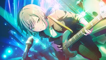 1girl bass_guitar black_jacket colorful_palette drum drum_set fender_jazz_bass find_the_dream_view_(project_sekai) game_cg green_eyes green_pants grey_hair grin highres hinomori_shiho instrument jacket jewelry looking_at_viewer microphone necklace official_art open_clothes open_jacket pants plaid_clothes plaid_pants project_sekai shirt smile solo teeth third-party_source white_shirt