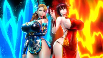 2girls 3d blender_(medium) breasts highres huge_breasts long_hair mizuki_shiranui multiple_girls ragnarok_sinmara taimanin_(series) taimanin_rpgx taimanin_yukikaze