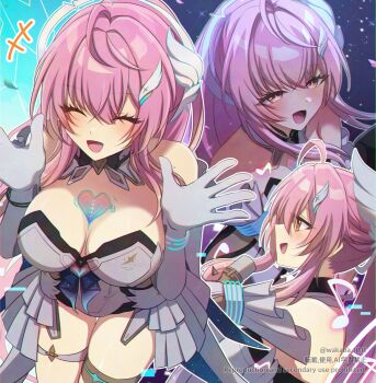 Rule 34 | +++, 0roshioji3ran, 1girl, aemeath (wuthering waves), ahoge, bare shoulders, breasts, cleavage, commentary request, elbow gloves, gloves, hair ornament, highres, large breasts, leotard, long hair, multiple views, music, open mouth, orange eyes, partial commentary, pink hair, ponytail, singing, smile, star-shaped pupils, star (symbol), strapless, strapless leotard, symbol-shaped pupils, thighs, twintails, white background, white leotard, wuthering waves