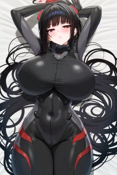 1girl absurdres alternate_breast_size_(larger) armpits arms_up black_bodysuit black_hair black_halo blue_archive blunt_bangs blush bodysuit breasts bright_pupils choppy_bangs commentary covered_navel cowboy_shot hair_ornament hair_spread_out halo high_ponytail highres huge_breasts latex latex_bodysuit long_hair looking_at_viewer lying mizikayo multicolored_halo official_alternate_costume official_alternate_hairstyle on_back on_bed parted_lips ponytail red_eyes red_halo revision ringed_eyes rio_(armed)_(blue_archive) rio_(blue_archive) sidelocks solo symbol-only_commentary taut_bodysuit thick_thighs thighs very_long_hair white_pupils