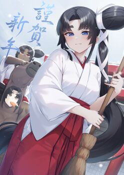 3girls animal_costume black_hair blue_eyes broom carrot chinese_zodiac commentary_request dark-skinned_female dark_persona dark_skin fate/grand_order fate_(series) food_in_mouth hair_ribbon hakama hakama_skirt highres holding holding_broom horse_costume japanese_clothes kimono long_hair looking_at_viewer miko multiple_girls new_year orange_eyes outdoors pinta_(ayashii_bochi) red_eyes red_hakama ribbon ringed_eyes side_ponytail skirt smile snowing taira_no_kagekiyo_(fate) ushiwakamaru_(corrupted)_(fate) ushiwakamaru_(fate) very_long_hair white_kimono white_ribbon year_of_the_horse