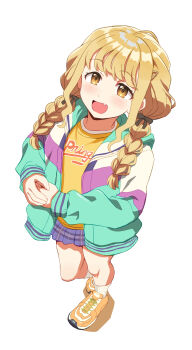 1girl :d absurdres blonde_hair blush braid breasts commentary_request completely_nude fang fang_out fujita_kotone gakuen_idolmaster hair_ornament highres idolmaster jacket long_sleeves looking_at_viewer medium_breasts nude open_clothes open_jacket open_mouth ponzu_rui smile solo standing white_background