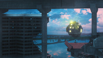 1girl absurdres blue_sky bridge building cat cloud cloudy_sky commentary_request highres original outdoors reflection reflective_liquid river ruins scenery science_fiction shang_zhou simple_bird sitting sky solo twilight water wide_shot