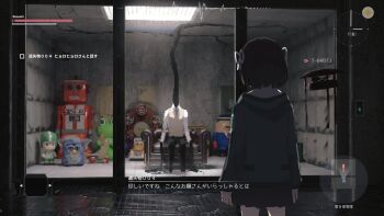 1girl 1other black_hair button_prompt clock couch dialogue_box drone faceless fake_screenshot fluorescent_lamp from_behind furby gameplay_mechanics green_jacket hair_ribbon heads-up_display highres horror_(theme) jacket lost_property_004_(samidare) lost_property_control_organization_(samidare) minimap monster protagonist_(lost_property_control_organization) revision ribbon samidare_(hoshi) short_hair sitting subtitled sun_symbol t-6407j_(samidare) toy translation_request user_interface white_ribbon