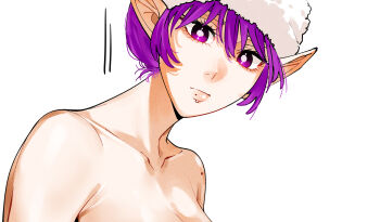 1girl absurdres bare_shoulders breasts bright_pupils cleavage closed_mouth face_piercing highres kamisato_sora labret_piercing lips looking_at_viewer mole mole_on_lips mole_on_shoulder multiple_moles nude original piercing pointy_ears purple_eyes purple_hair simple_background solo towel towel_on_head white_background white_pupils