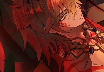 Rule 34 | 1boy, arm tattoo, black coat, blonde hair, braid, chest tattoo, coat, commentary, english commentary, facial tattoo, gold necklace, gradient hair, honkai: star rail, honkai (series), jewelry, male focus, medium hair, multicolored hair, mydei (honkai: star rail), necklace, open clothes, open coat, red hair, red tattoo, side braid, solo, tattoo, unyanyat, yellow eyes