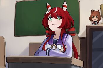 Rule 34 | 1girl, absurdres, animal ears, aston machan (umamusume), crossed arms, desk, green eyes, highres, horse ears, horse girl, neeevirus, parted lips, red hair, red ribbon, ribbon, school uniform, sitting, solo, stuffed toy, tracen school uniform, umamusume, win variation (umamusume)