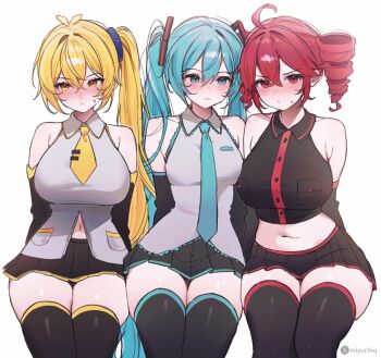 3girls ahoge akita_neru antenna_hair aqua_eyes aqua_hair aqua_necktie artist_name bare_shoulders black_shirt black_skirt black_sleeves black_thighhighs blonde_hair blush breasts closed_mouth cropped_shirt crossed_bangs detached_sleeves drill_hair grey_shirt hair_between_eyes hatsune_miku highres kasane_teto large_breasts long_hair midriff miyuchiq multiple_girls navel navel_peek necktie red_eyes red_hair shirt short_necktie side_ponytail simple_background sitting skindentation skirt sleeveless sleeveless_shirt small_breasts stomach sweat thighhighs thighs tie_clip triple_baka_(vocaloid) twin_drills twintails twitter_username utau very_long_hair vocaloid white_background yellow_eyes yellow_necktie