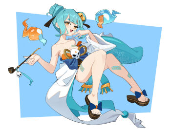 1girl absurdres aqua_hair bell breasts cleavage collarbone double_bun fang full_body hair_bell hair_bun hair_ornament hands_up highres inami_yoki indie_virtual_youtuber japanese_clothes looking_at_viewer open_mouth petite rumbee sash short_hair simple_background skin_fang small_breasts solo talisman thick_eyebrows virtual_youtuber yellow_eyes