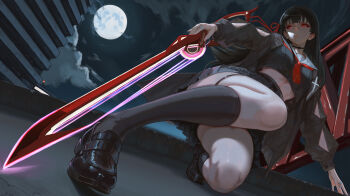 Rule 34 | 1girl, absurdres, black choker, black hair, black serafuku, black shirt, black shoes, black skirt, black socks, breasts, building, chisa (wuthering waves), choker, closed mouth, commentary request, from below, full moon, hair ribbon, highres, kneehighs, kneeling, loafers, long hair, long sleeves, making-of available, midriff, moon, neckerchief, night, nyamunyamu (eminyam), on rooftop, outdoors, red eyes, red neckerchief, red ribbon, ribbon, sailor collar, school uniform, serafuku, shirt, shoes, skirt, sky, skyscraper, socks, solo, stomach, thick thighs, thigh strap, thighs, white sailor collar, wuthering waves