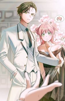 Rule 34 | 1boy, 1girl, absurdres, aged up, anya (spy x family), bare shoulders, black dress, black hair, black necktie, blurry, blurry background, blurry foreground, brown eyes, collarbone, collared shirt, commentary request, cowboy shot, damian desmond, double bun, dress, flower, formal clothes, furrowed brow, green eyes, hair bun, hand in pocket, highres, image in thought bubble, kawashiro nitori, kawashiro nitori (white kappa of pristine water), korean commentary, light frown, long dress, long hair, looking at viewer, necktie, off-shoulder dress, off shoulder, outstretched hand, pants, parted lips, pink flower, pink hair, roido 0, shirt, short hair, spy x family, suit, veil, vest, waistcoat, white pants, white shirt, white suit, white veil