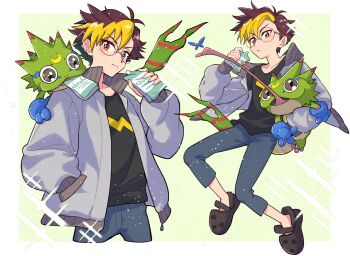 Rule 34 | 1boy, black shirt, blonde hair, blue pants, brown hair, cowboy shot, digimon, digimon (creature), digimon beatbreak, full body, gecko, gekkomon, glasses, highres, jacket, long tongue, multicolored hair, pants, round eyewear, sanada makomi, shirt, tenma tomoro, tongue, tongue out, two-tone hair, white jacket