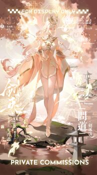 1girl absurdres blunt_bangs branch chinese_clothes closed_mouth commission day detached_sleeves dress earrings full_body hair_ornament halo halo_behind_head high_heels highres jewelry lips liushui_jiang long_hair long_sleeves mandarin_collar mihuashi_commission orange_dress orange_eyes orange_hair orange_theme original outdoors shawl shoes smile solo standing water watermark white_shawl wide_sleeves