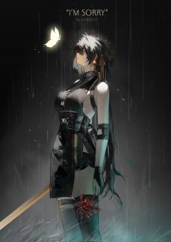 1girl absurdres artist_name bare_shoulders black_dress black_gloves black_hair black_shorts breasts colored_inner_hair commentary dress earrings elbow_pads english_commentary english_text female_rover_(wuthering_waves) from_side gloves hair_ribbon highres holding holding_sword holding_weapon jewelry lewdlily66 long_hair low_ponytail medium_breasts multicolored_hair partially_fingerless_gloves ponytail rain ribbon rover_(wuthering_waves) short_shorts shorts sleeveless sleeveless_dress solo sword thighs triangle_earrings very_long_hair weapon white_hair wuthering_waves yellow_eyes yellow_ribbon