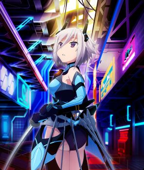 Rule 34 | 1girl, ahoge, arm armor, armor, ass, bare shoulders, blue armor, blue leotard, breasts, cable, cowboy shot, dark room, dot nose, from behind, game cg, hair between eyes, hair ornament, holding, holding sword, holding weapon, itomi sayaka, katana, leotard, looking back, looking up, medium breasts, neon lights, official art, parted lips, purple eyes, purple hair, railing, short hair, solo, strapless, sword, third-party source, toji no miko, toji no miko: kizamishi issen no tomoshibi, underbutt, weapon