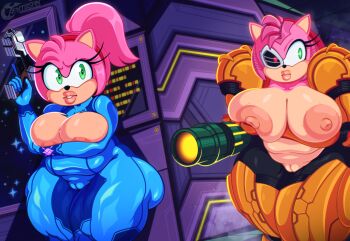 1girl amy_rose animal_ears armor ass bodysuit breasts breasts_out cosplay covering_breasts covering_privates female_focus furry furry_female green_eyes gun holding holding_gun holding_weapon huge_ass huge_breasts long_hair looking_at_viewer metroid nintendo partially_undressed pink_hair plump pointy_ears ponytail power_suit_(metroid) pussy solo solo_focus sonic_(series) tenjosan varia_suit weapon zero_suit